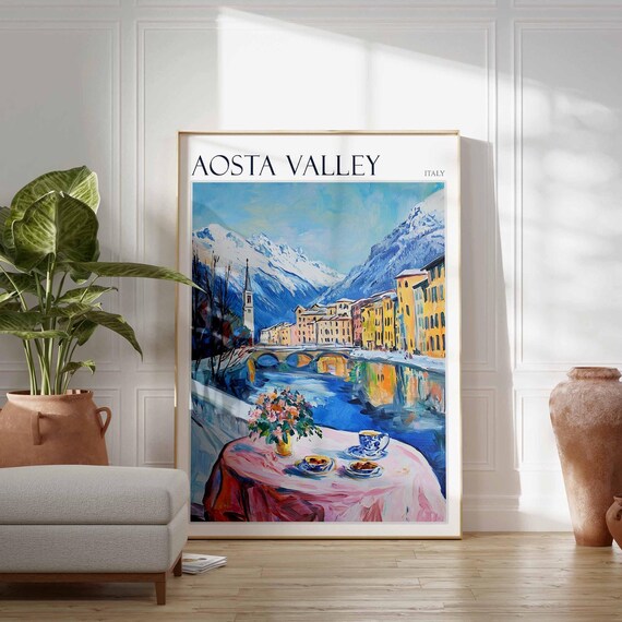 Aosta Valley Italy Snow Peaks River Terrace Coffee View Poster