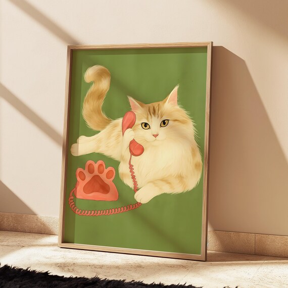 Orange Cat Talking On Pink Retro Telephone Funny Cat Wall Poster