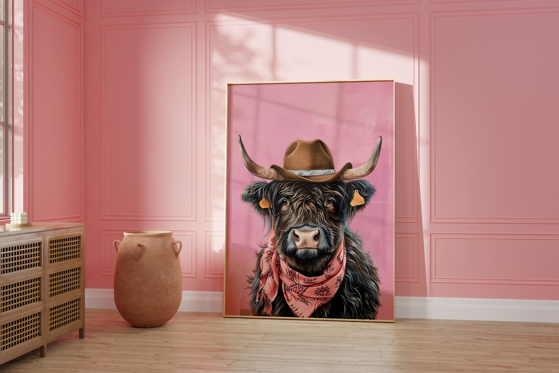 Highland Cow Cowboy Hat Print, Vintage Western Art - Image 2