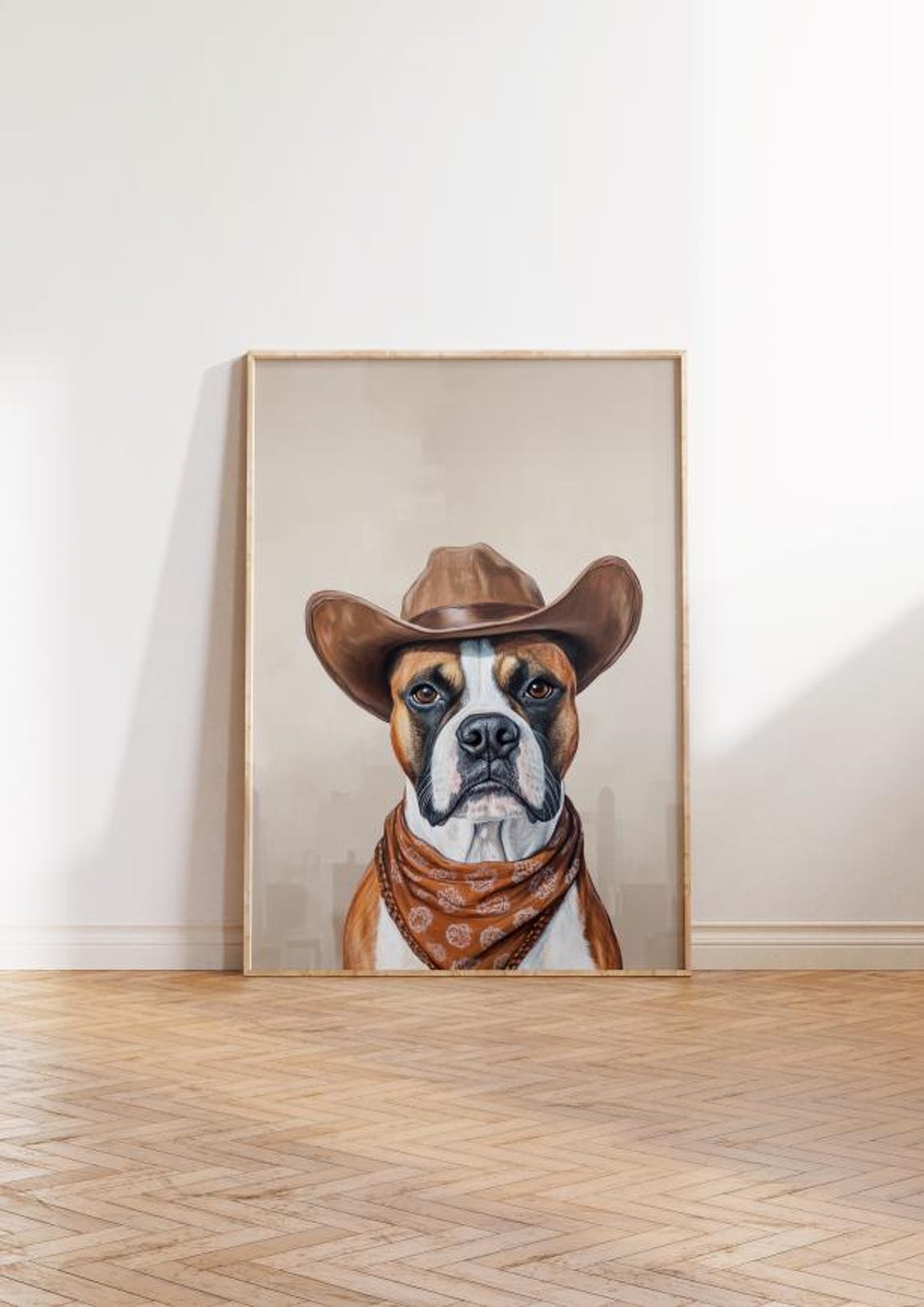 Boxer Dog in Cowboy Hat Neutral Rustic Western Art Portrait Poster - Image 2
