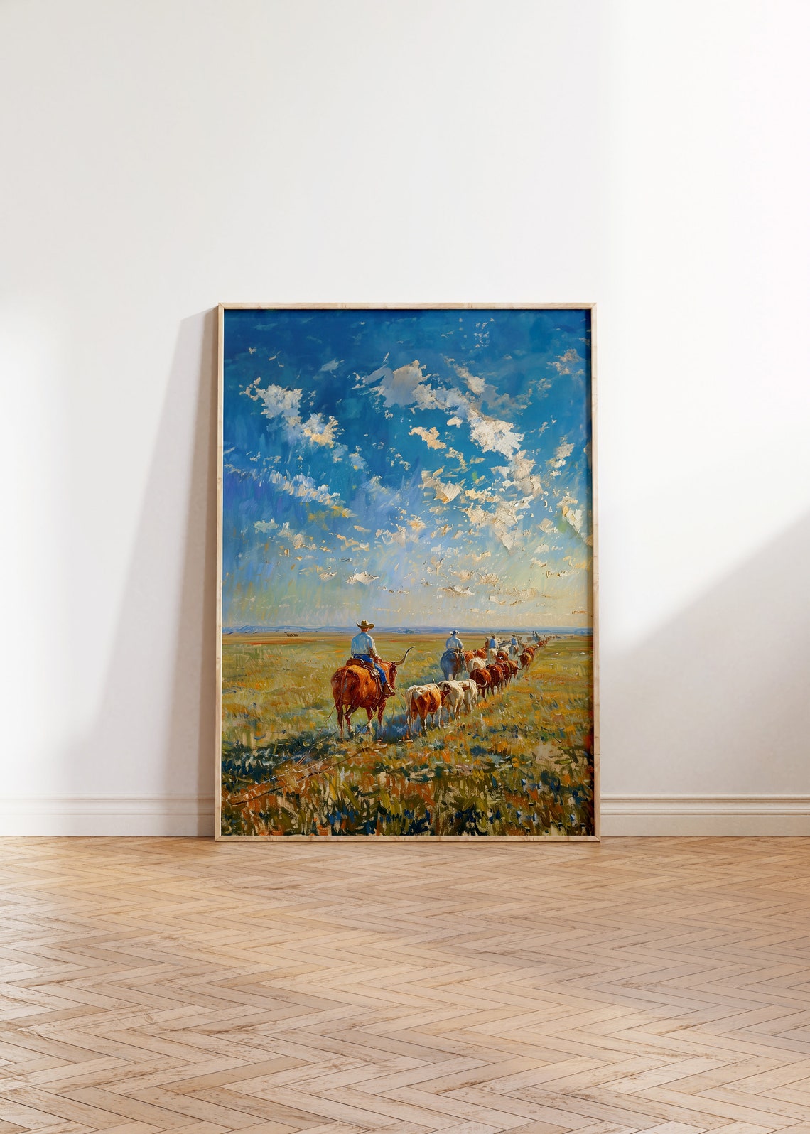 Cowboys Driving Longhorn Cattle Herd Prairie Painting Poster - Image 2