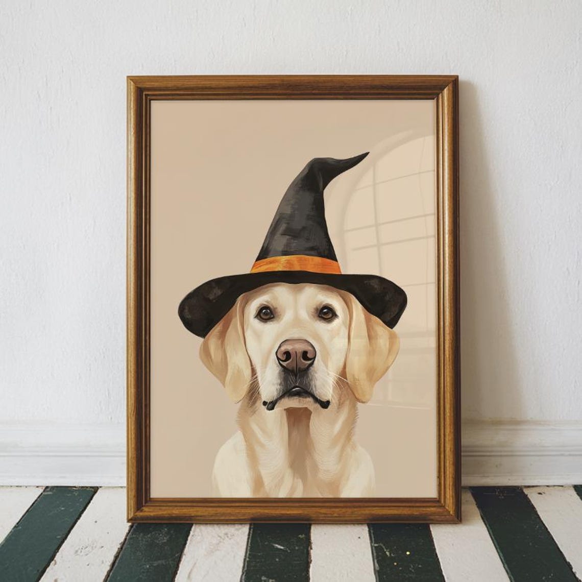 Halloween Yellow Labrador Witch Hat Print Neutral Cute Trendy Wall Art Autumn Fall