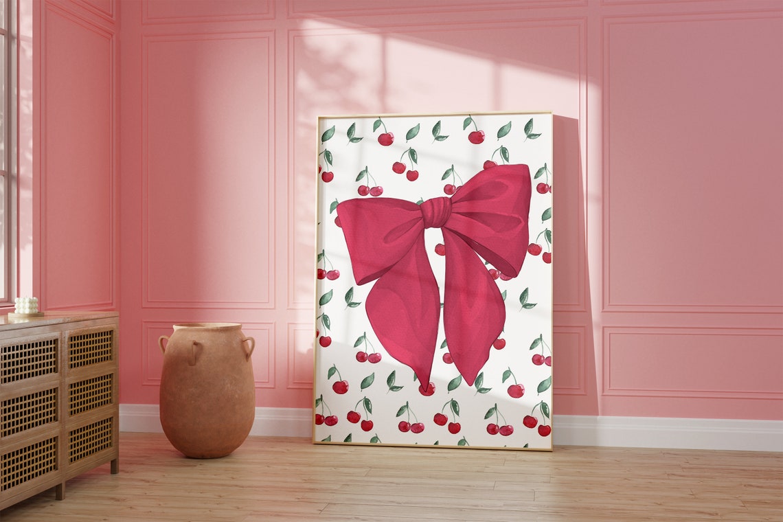 Large Red Bow Over Watercolor Red Cherry Pattern Coquette Poster - Image 2