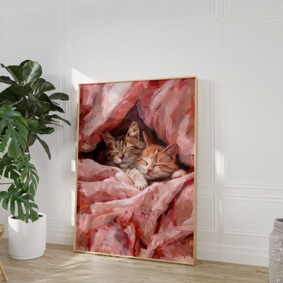 Two Sleeping Kittens Snuggled Under a Pink Blanket Oil Poster - Image 2