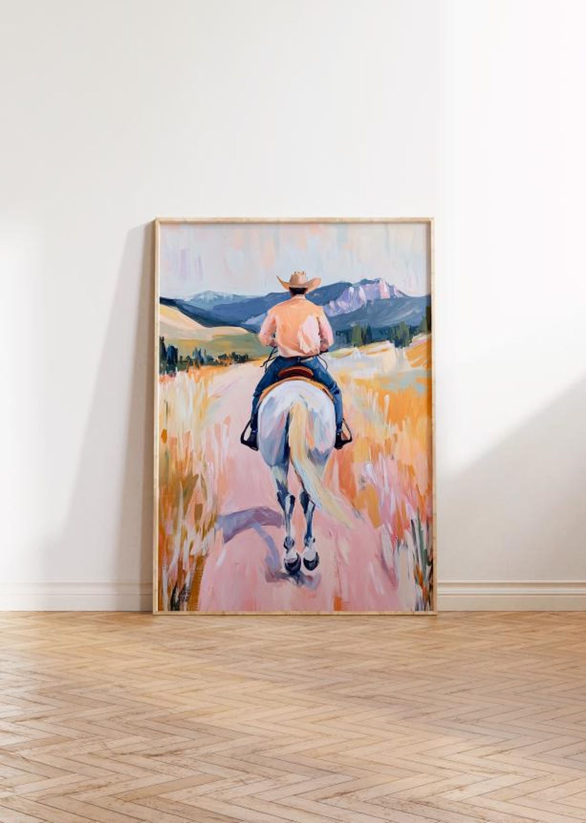 Cowboy Riding Away Toward Purple Mountains Pastel Trail Poster
