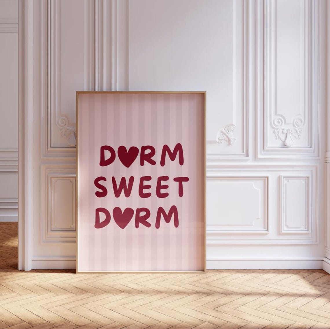 Dorm Sweet Dorm Heart Typography Pink Striped College Room Poster