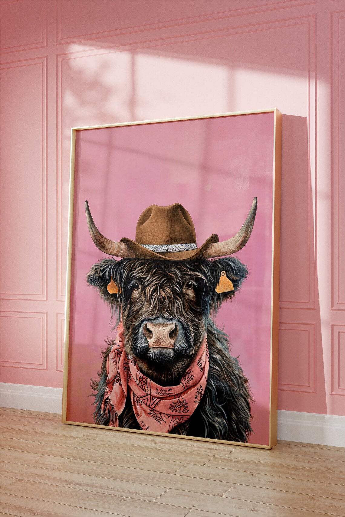 Highland Cow Cowboy Hat Print, Vintage Western Art
