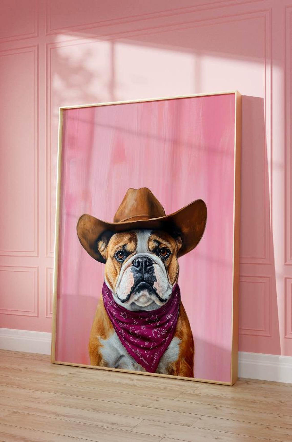 Sweet English Bulldog In Cowboy Hat Pink Bandana Portrait Poster