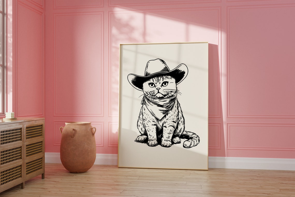 Funny Cowboy Cat With Hat And Bandana Cute Ink Drawing Poster - Image 2