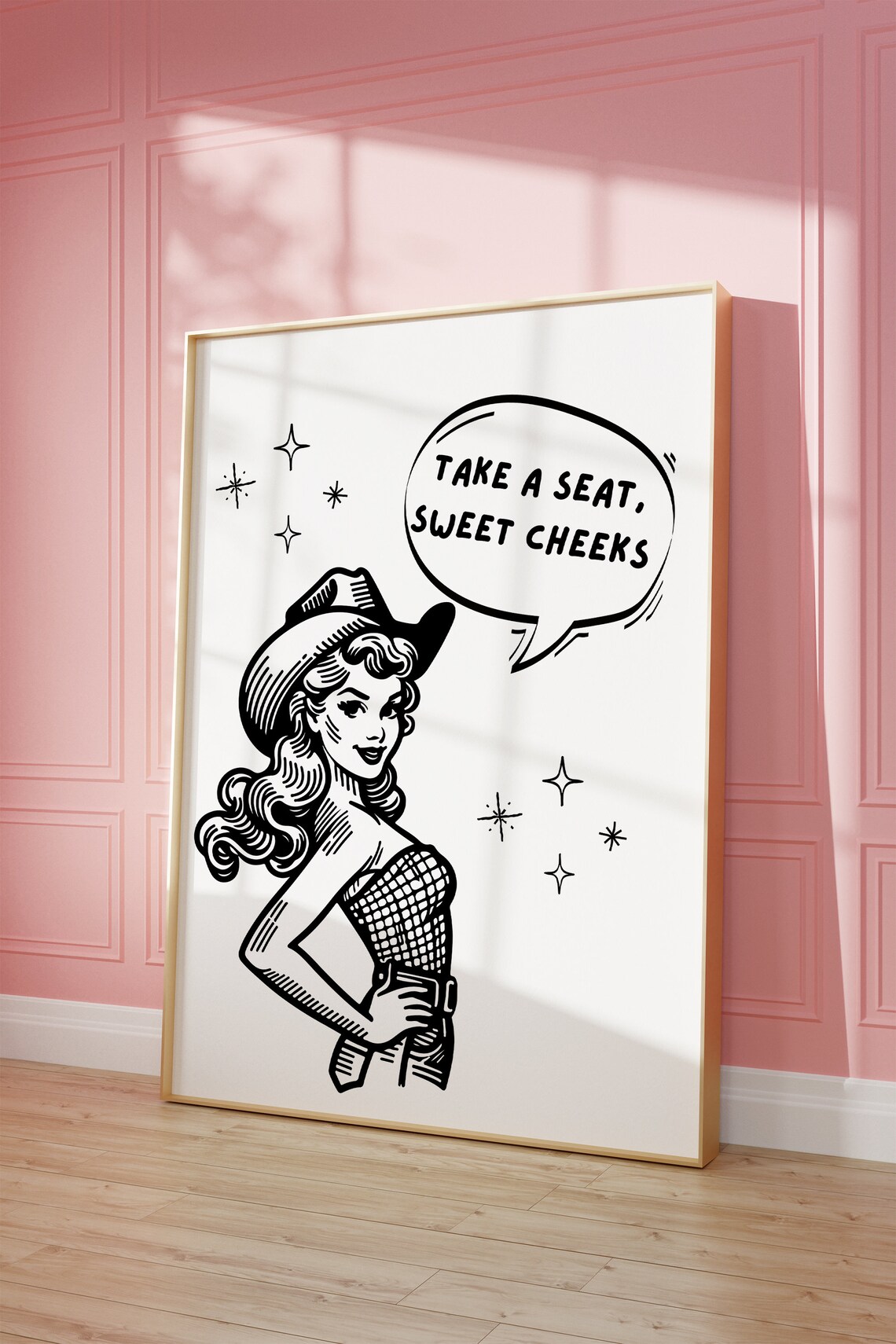 Take A Seat Sweet Cheeks Retro Cowgirl Pinup Quote Bathroom Poster