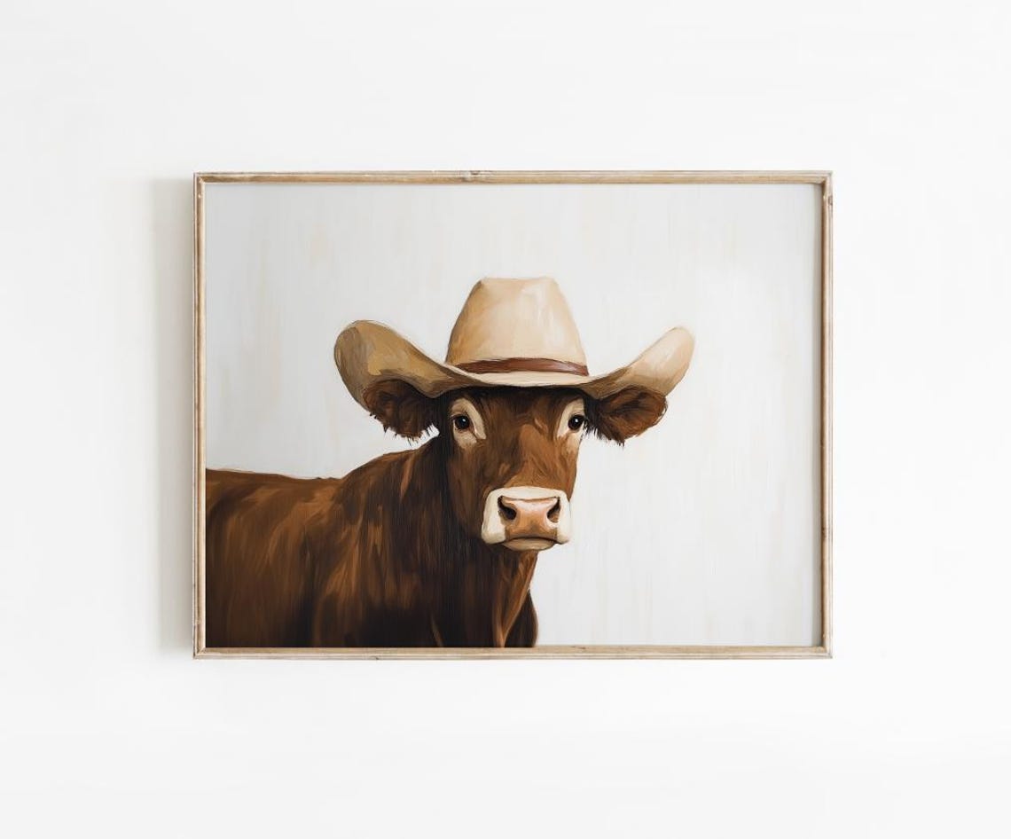 Brown Cow in Tan Cowboy Hat Portrait Funny Vintage Western Poster