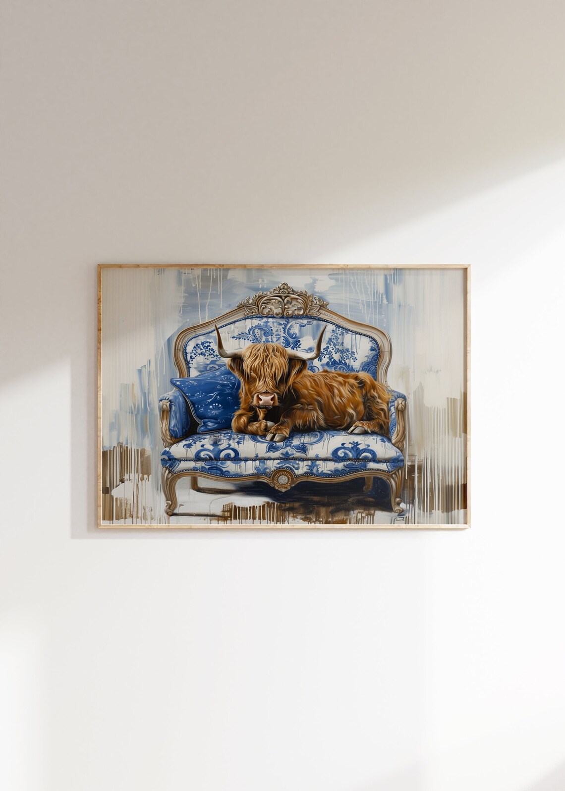 Highland Cow Lounging on Blue Floral Couch Charming Art Poster - Image 2