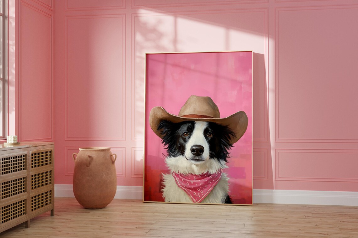 Border Collie Cowgirl Hat Pink Western Art Print - Image 2