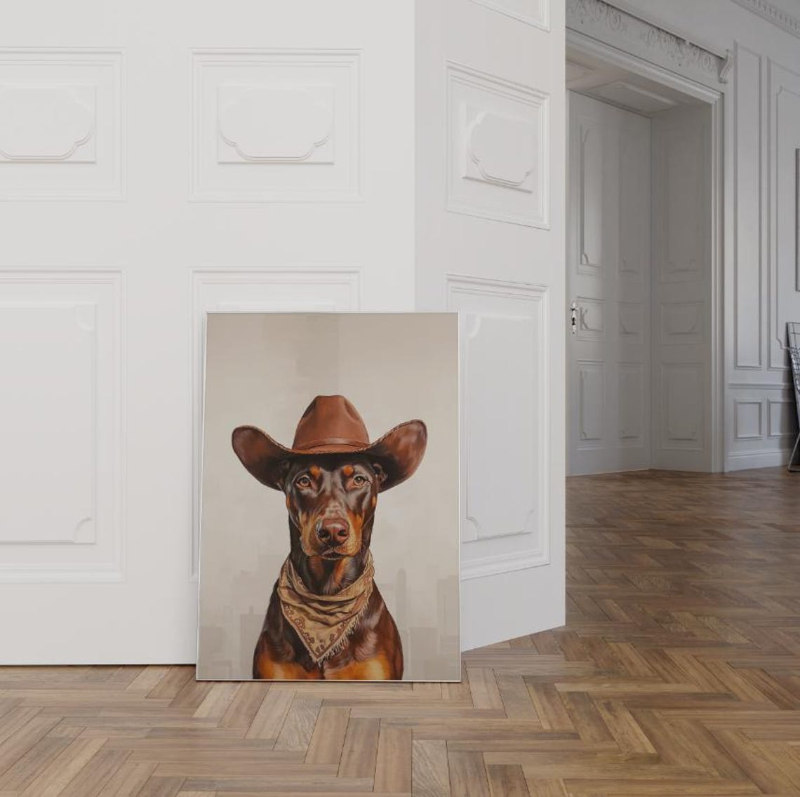 Doberman Cowboy Hat Print Neutral Aesthetic Print Vintage Art Western Trendy Wall Art Puppy Print Cowgirl Hat Print Funky Western Art