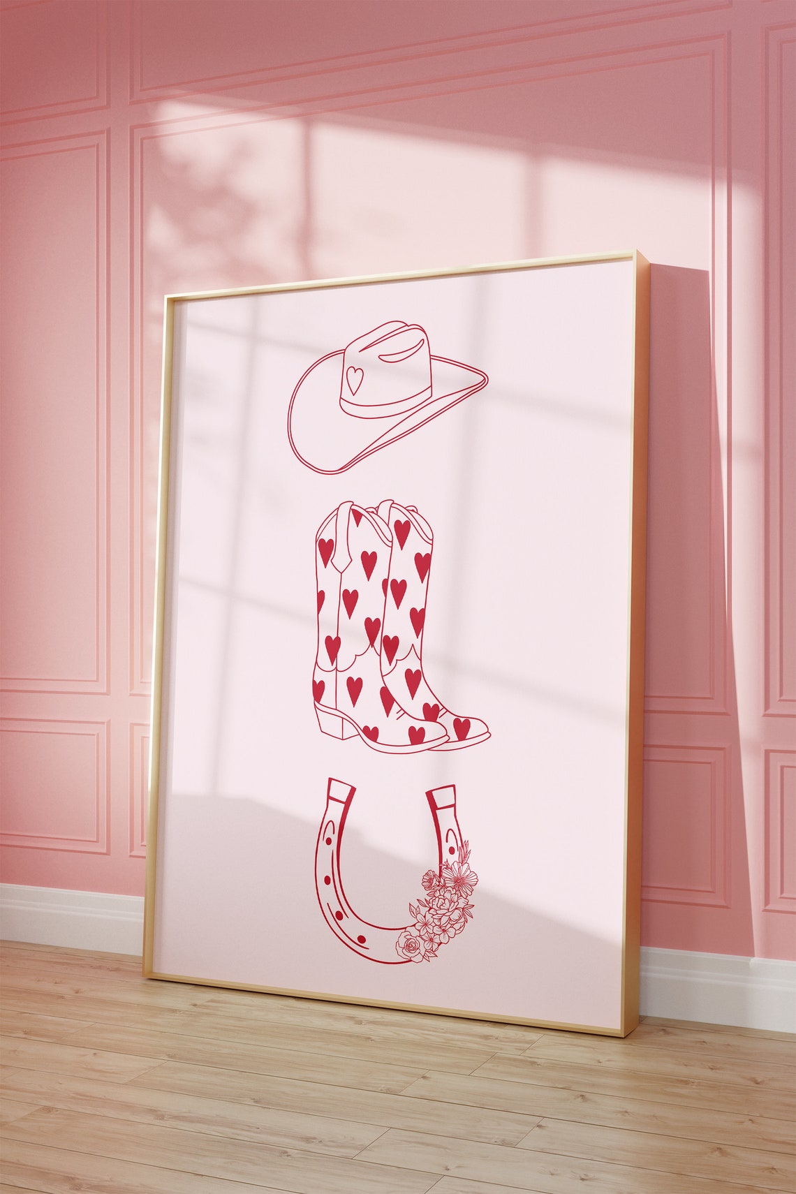 Valentine Cowgirl Set Heart Boots Hat Horseshoe Red Line Art Poster - Image 2