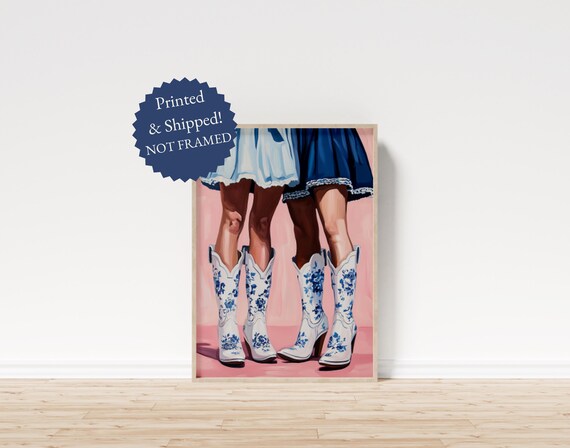 Coastal Cowgirl White Floral Boots Preppy Pink Dorm Wall Poster