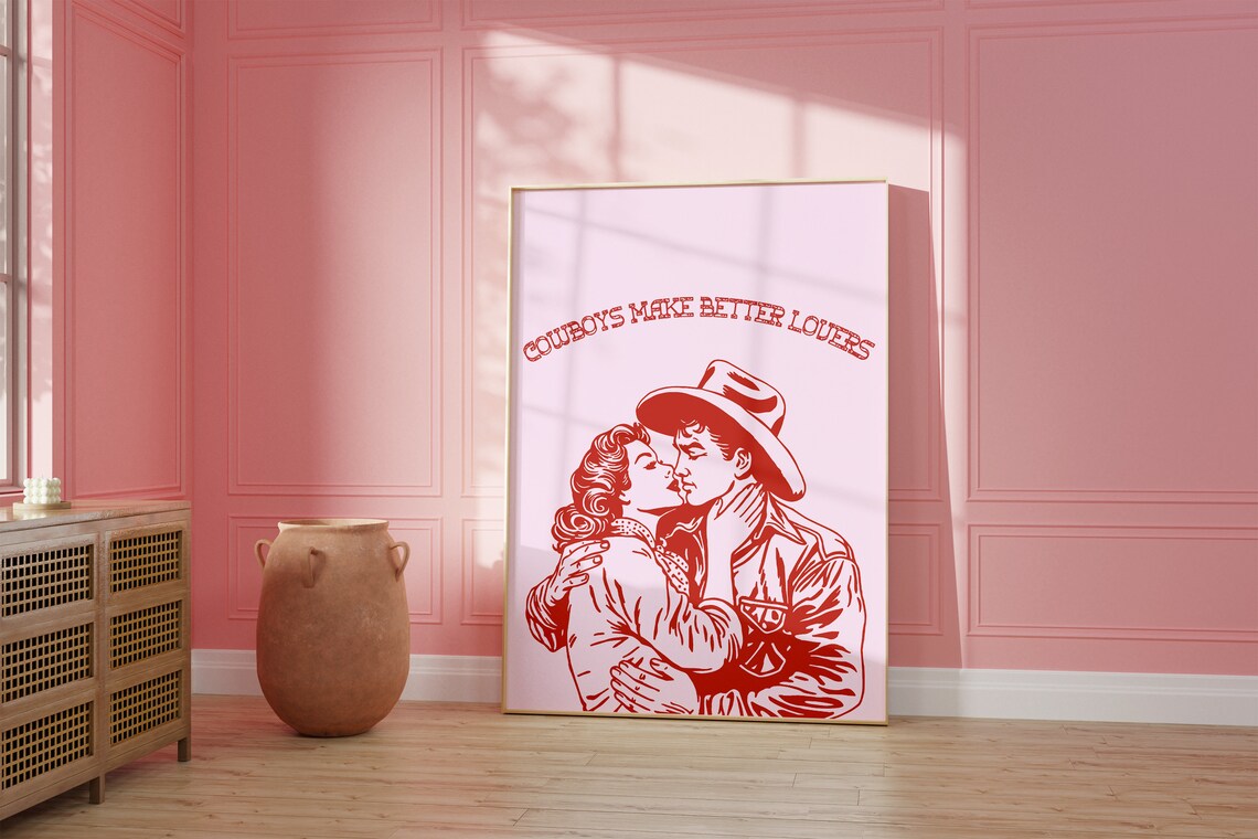 Cowboys Make Better Lovers Retro Kissing Couple Western Poster - Image 2