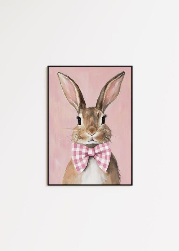 Pink Rabbit Nursery Print Gingham Bow Tie Easter Decor