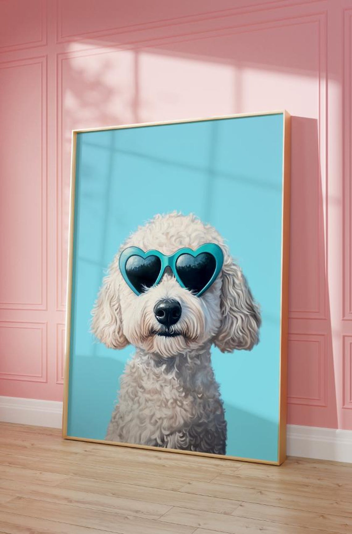 Cream Goldendoodle Dog Teal Heart Sunglasses Pop Art Portrait Poster