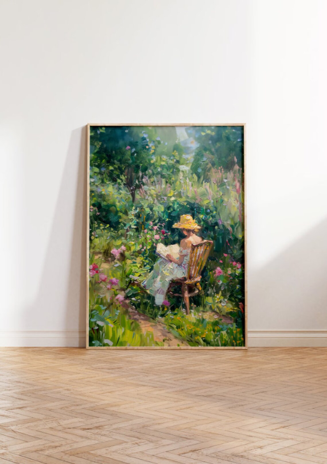 Physical Print Coquette Aesthetic Vintage Garden Print Abstract Whimsical Garden Painting Woman Reading In Garden Painting