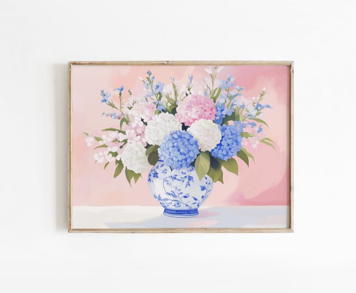 Pink Blue Hydrangea Bouquet Chinoiserie Porcelain Vase Print