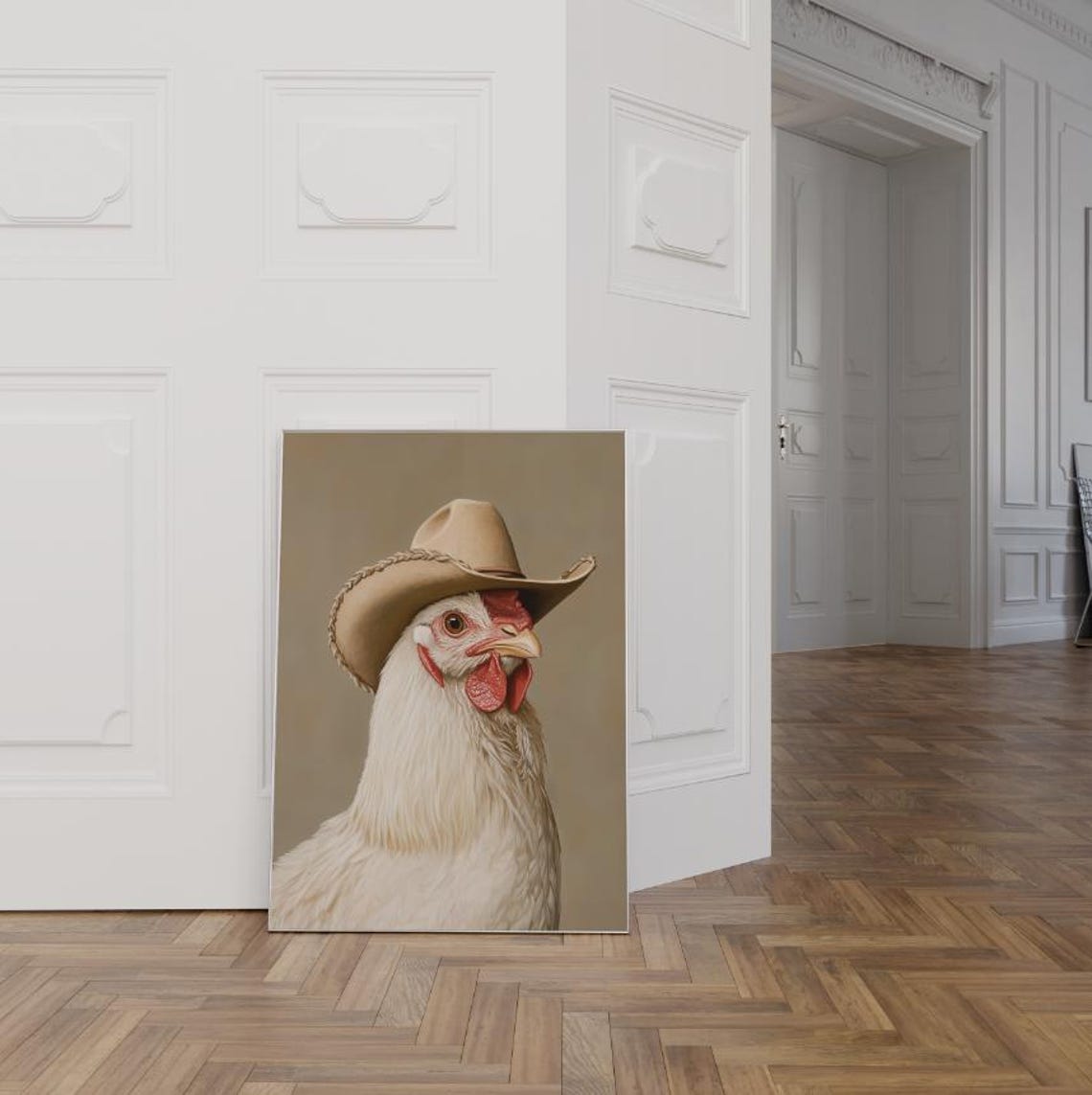 Funny White Chicken Wearing Cowboy Hat Western Portrait Poster