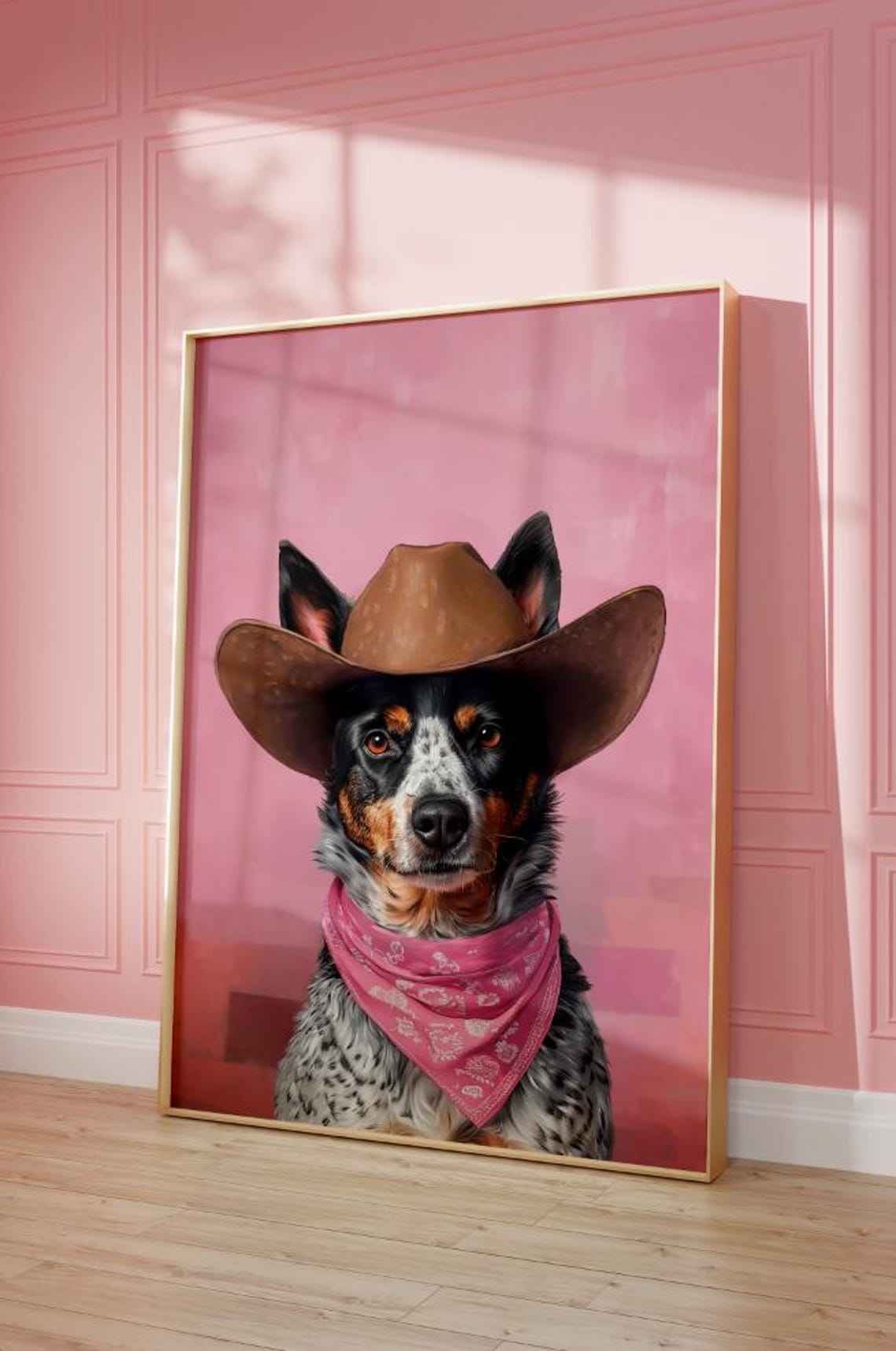 Cattle Dog Cowgirl Hat Print Pink Print Vintage Art Western Girly Preppy Trendy Wall Art Heeler Dog Cowgirl Hat Print Funky Western Art