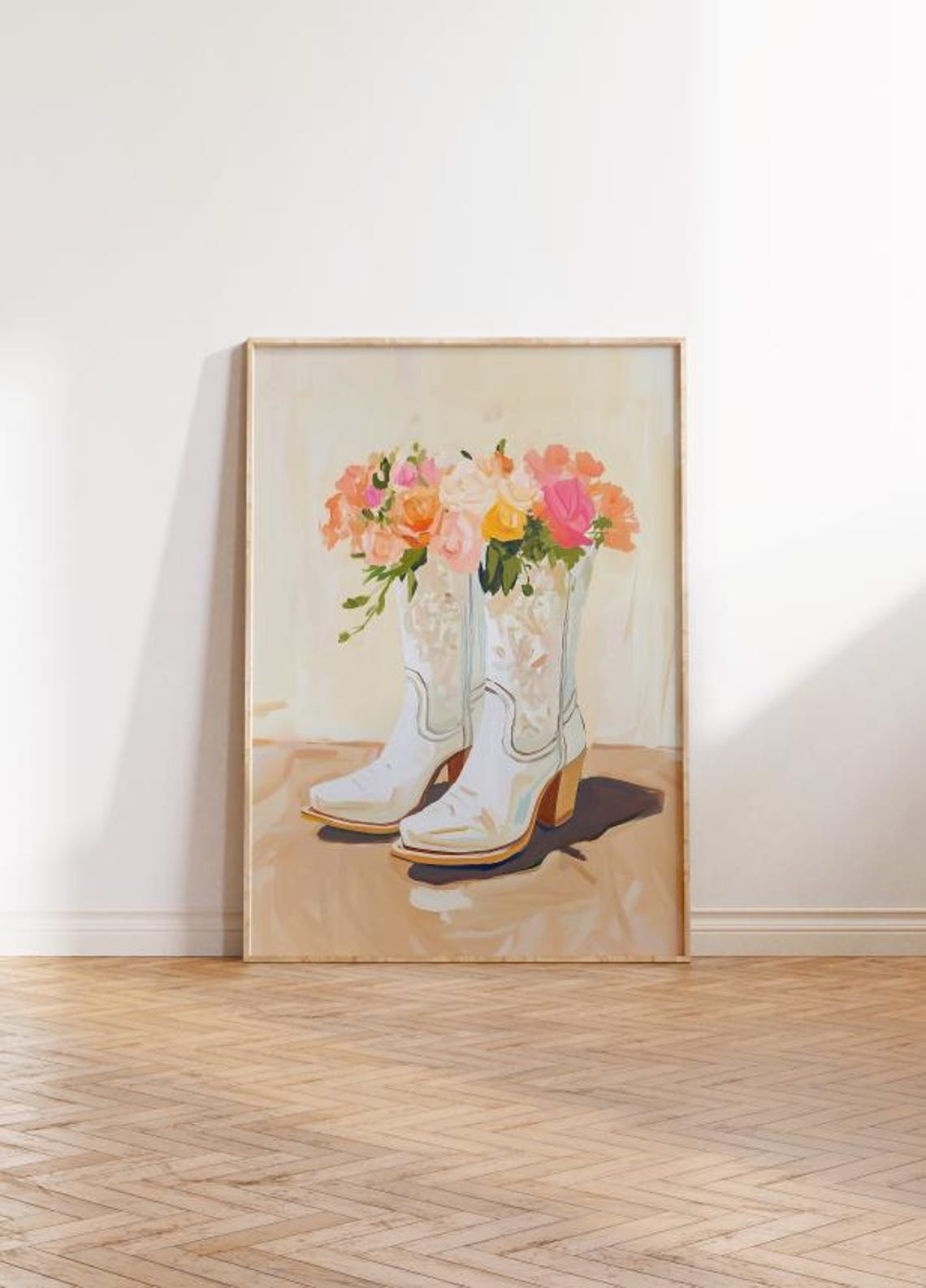 White Floral Cowboy Boots Flower Bouquet Western Decor Poster
