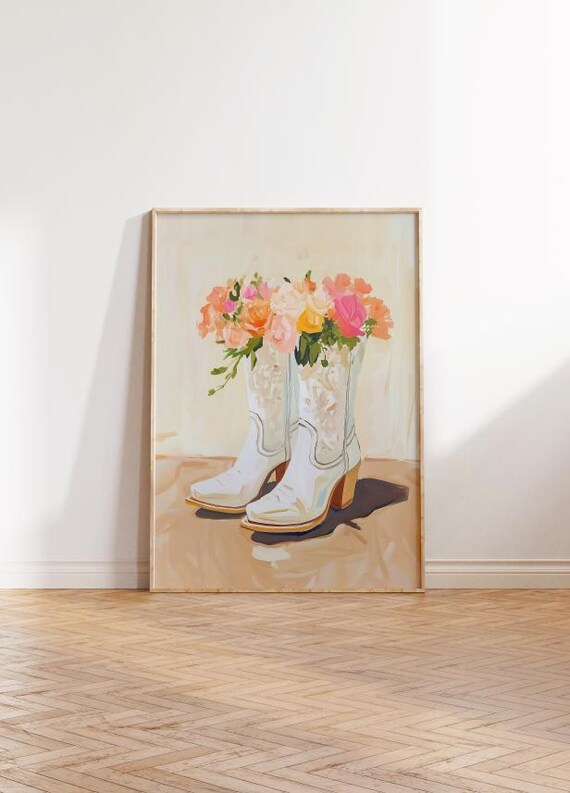 White Floral Cowboy Boots Flower Bouquet Western Decor Poster