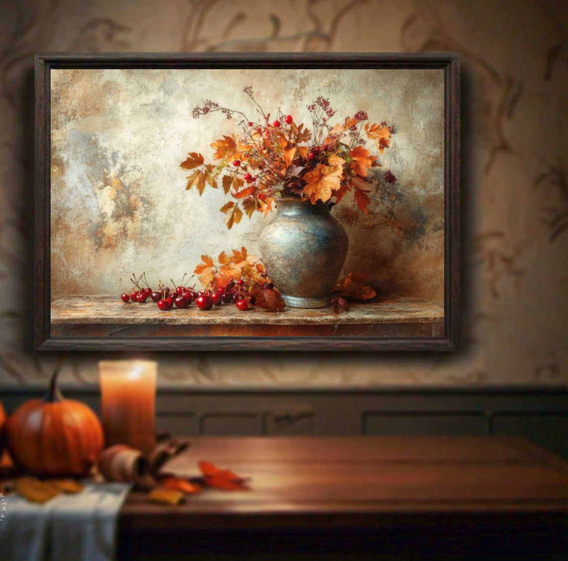 Vintage Autumn Still Life Vase Fall Leaves Cherries Rustic Poster - Image 2