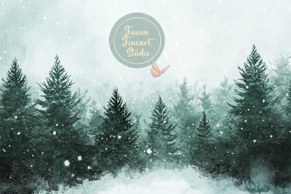 Misty Pine Forest Falling Snow Teal Winter Watercolor Painting Poster - Image 3