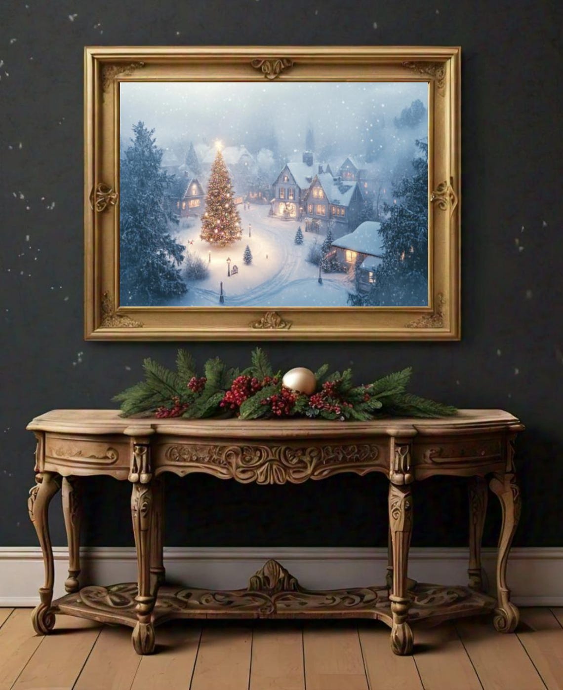 Snowy Village Lit Christmas Tree Falling Snow Dusk Winter Poster - Image 2
