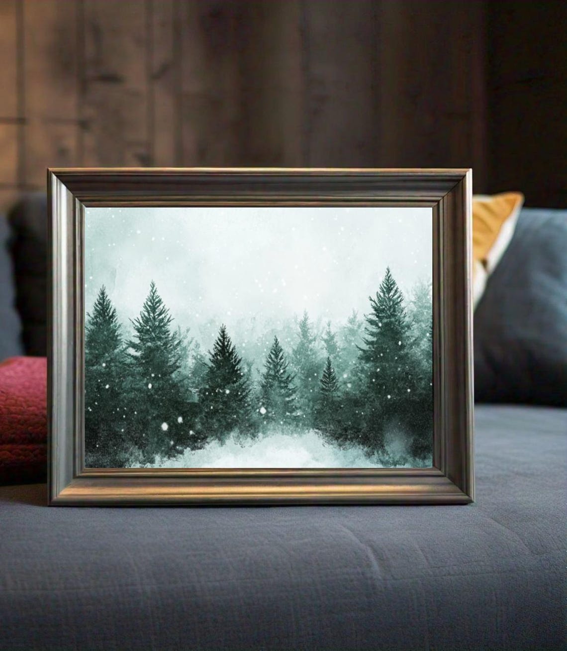 Misty Pine Forest Falling Snow Teal Winter Watercolor Painting Poster - Image 2