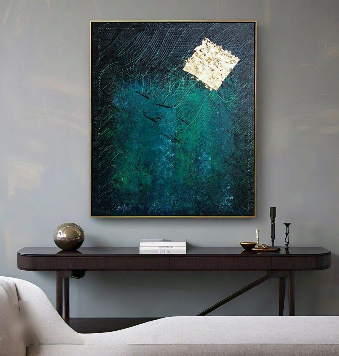 Dark Teal Abstract Gold Leaf Square Textured Modern Artwork Poster - Image 3