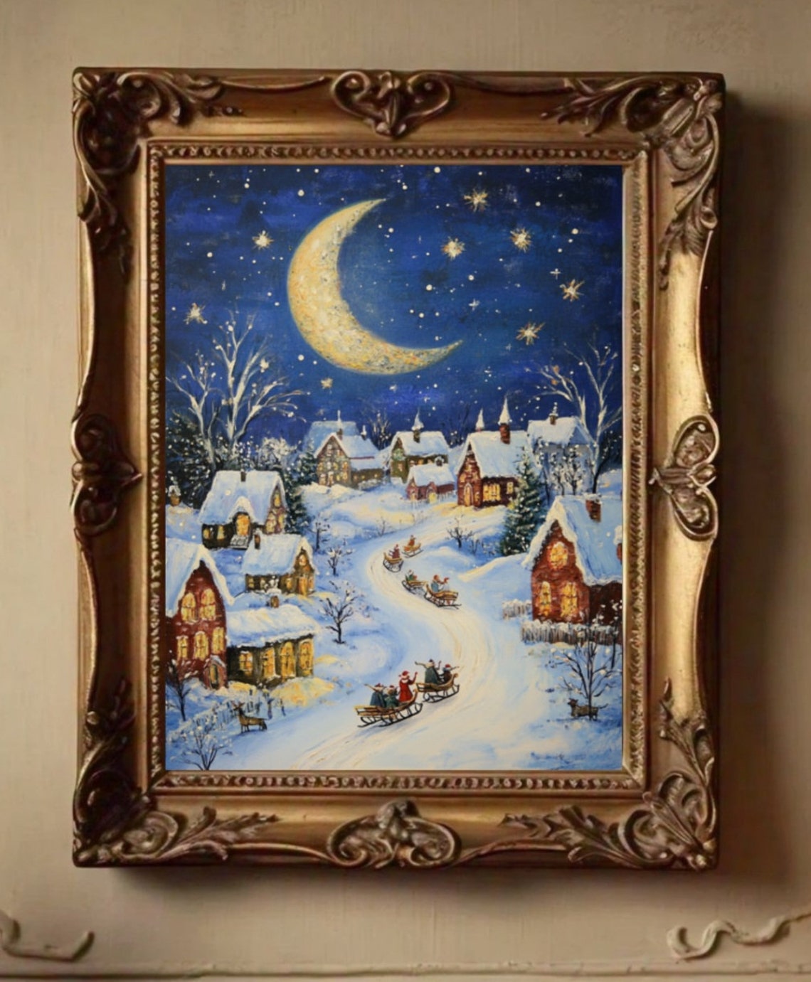 Crescent Moon Over Snowy Village Sleighs Christmas Night Scene Poster