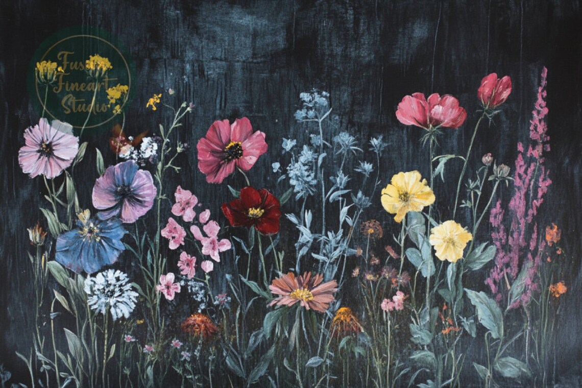 Dark Moody Wildflowers Oil Painting Vintage Botanical Floral Poster - Image 3