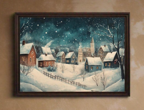 Vintage Christmas Print Winter Wall Art Christmas Painting Christmas Village Winter Scene Print Moody Art Prints