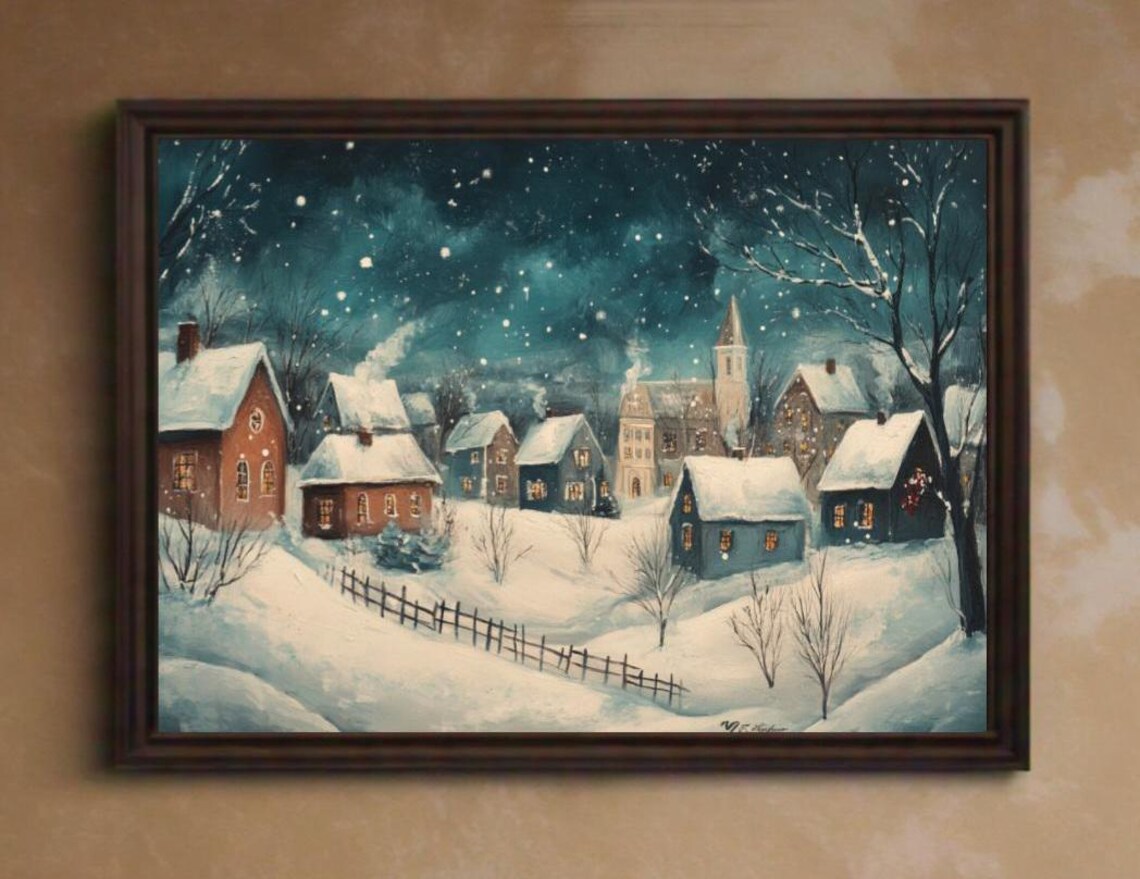 Snowy Village Church Steeple Starry Teal Night Winter Scene Poster