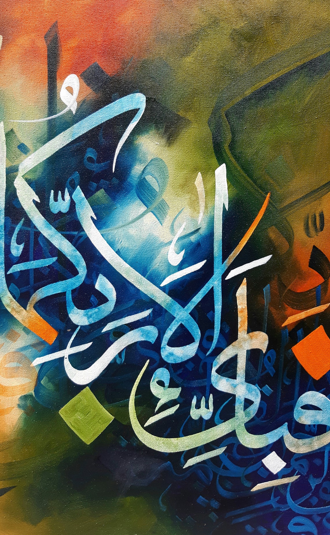 Blue Green Orange Abstract Calligraphy Gemstone Mosaic Art Poster - Image 2