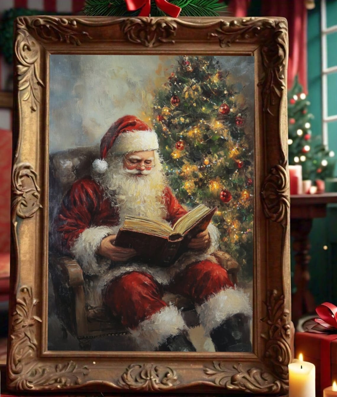 Vintage Santa Print, Rustic Christmas Holiday Art