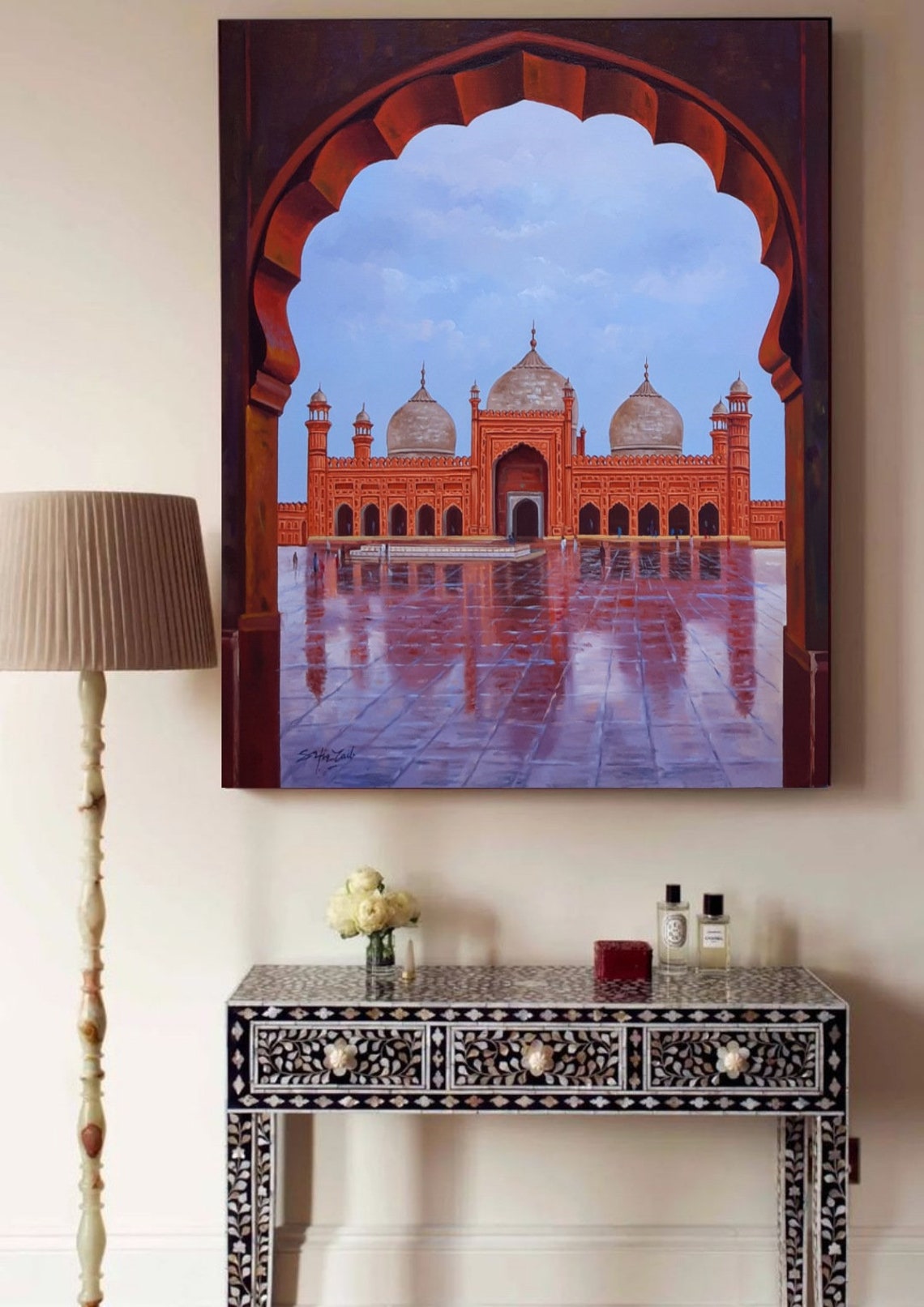 Badshahi Mosque Through Mughal Arch Rainy Courtyard Oil Art Poster - Image 3