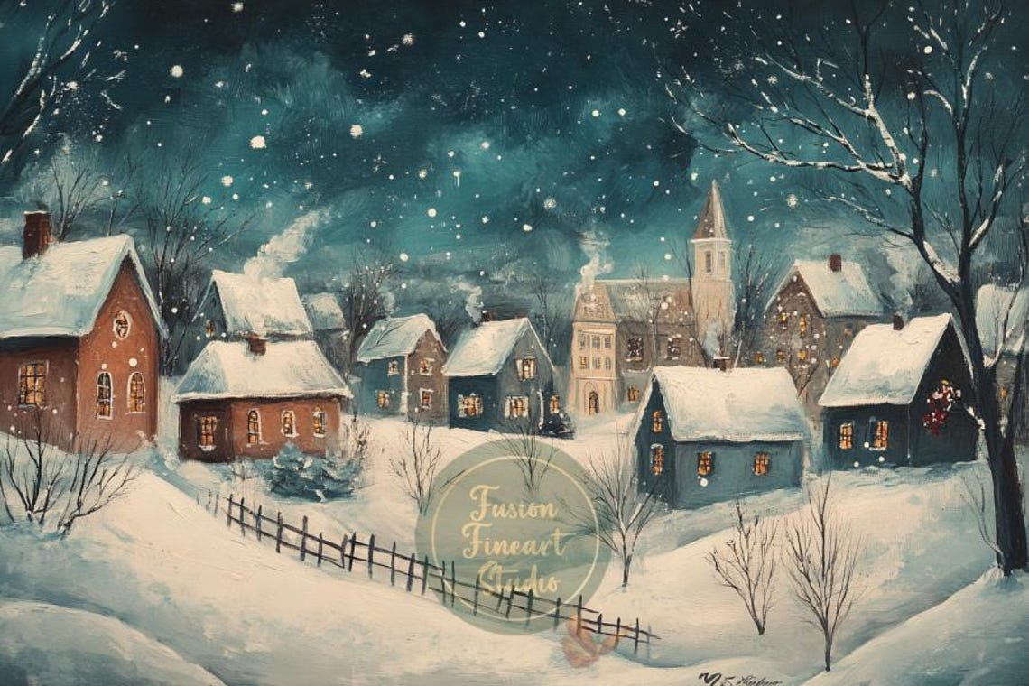 Snowy Village Church Steeple Starry Teal Night Winter Scene Poster - Image 3