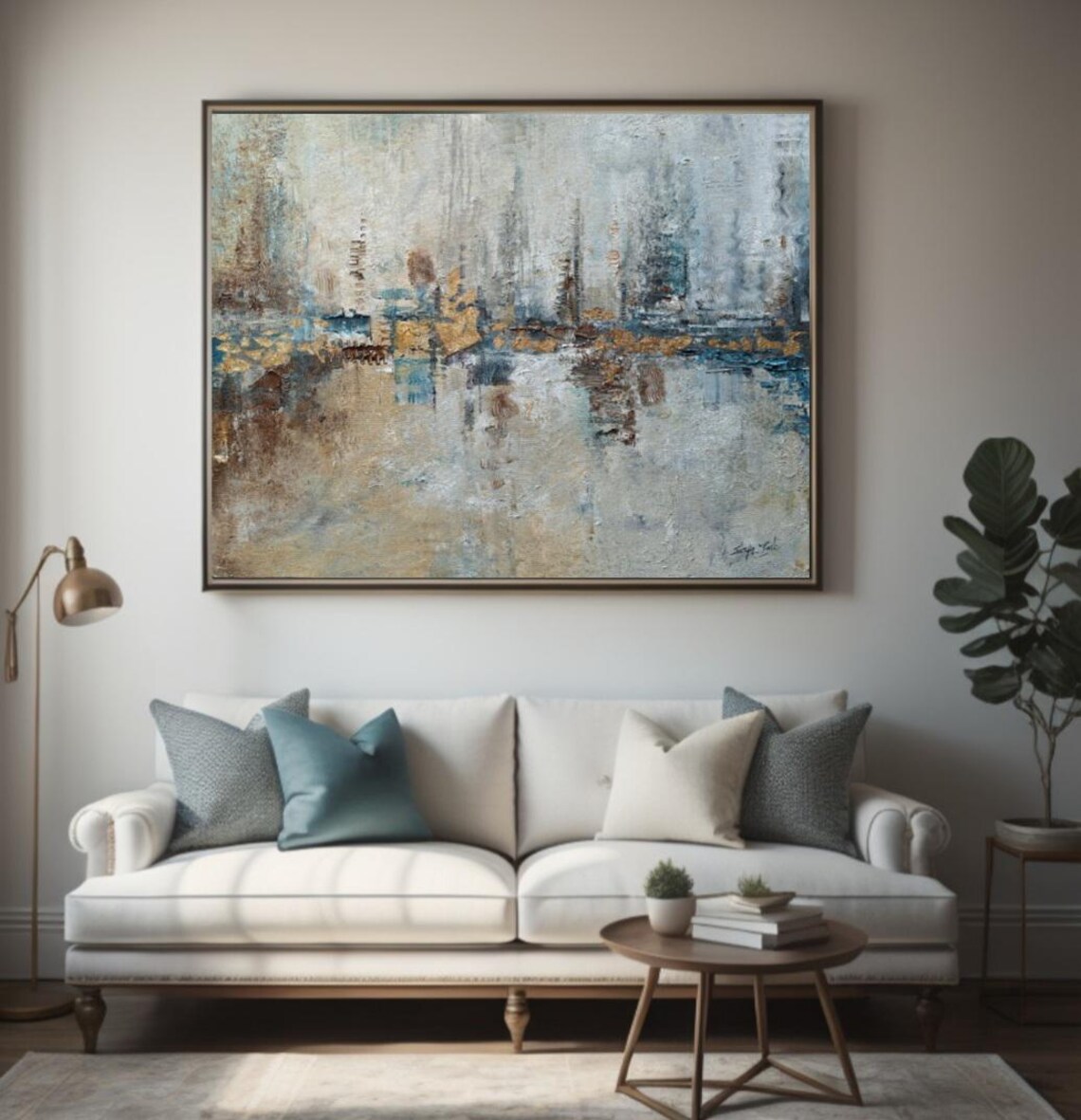 Gold Gray Abstract Cityscape Horizon Modern Original Art Poster - Image 3