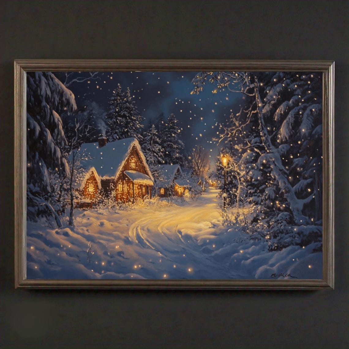 Glowing Snowy Cabin Night Deep Winter Woods Light Trail Poster