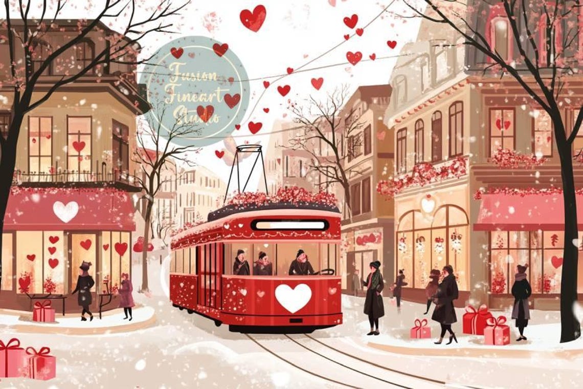 Red Tram Snowy Valentine Street Shops Hearts Winter Scene Poster - Image 3