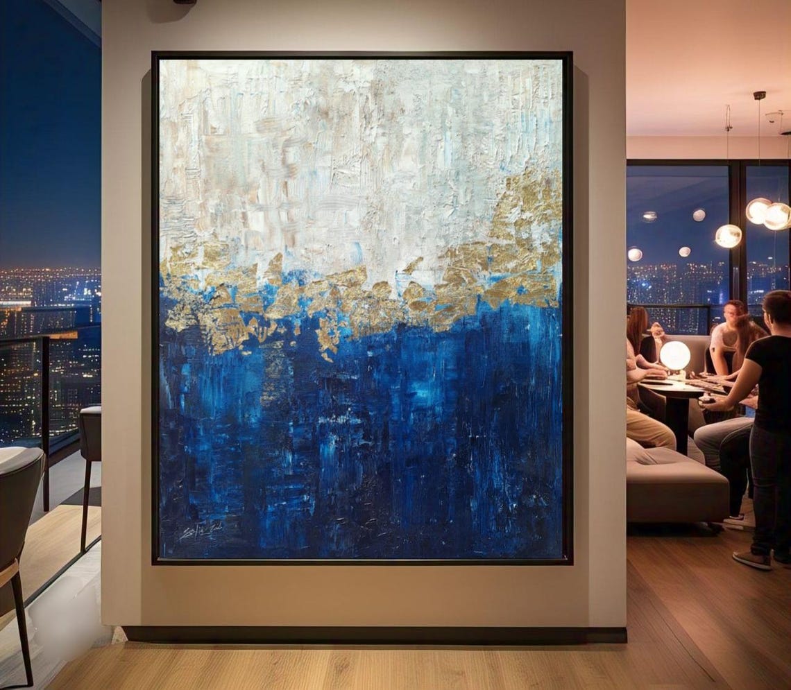 Navy Blue White Gold Horizon Abstract Modern Painting Poster - Image 3