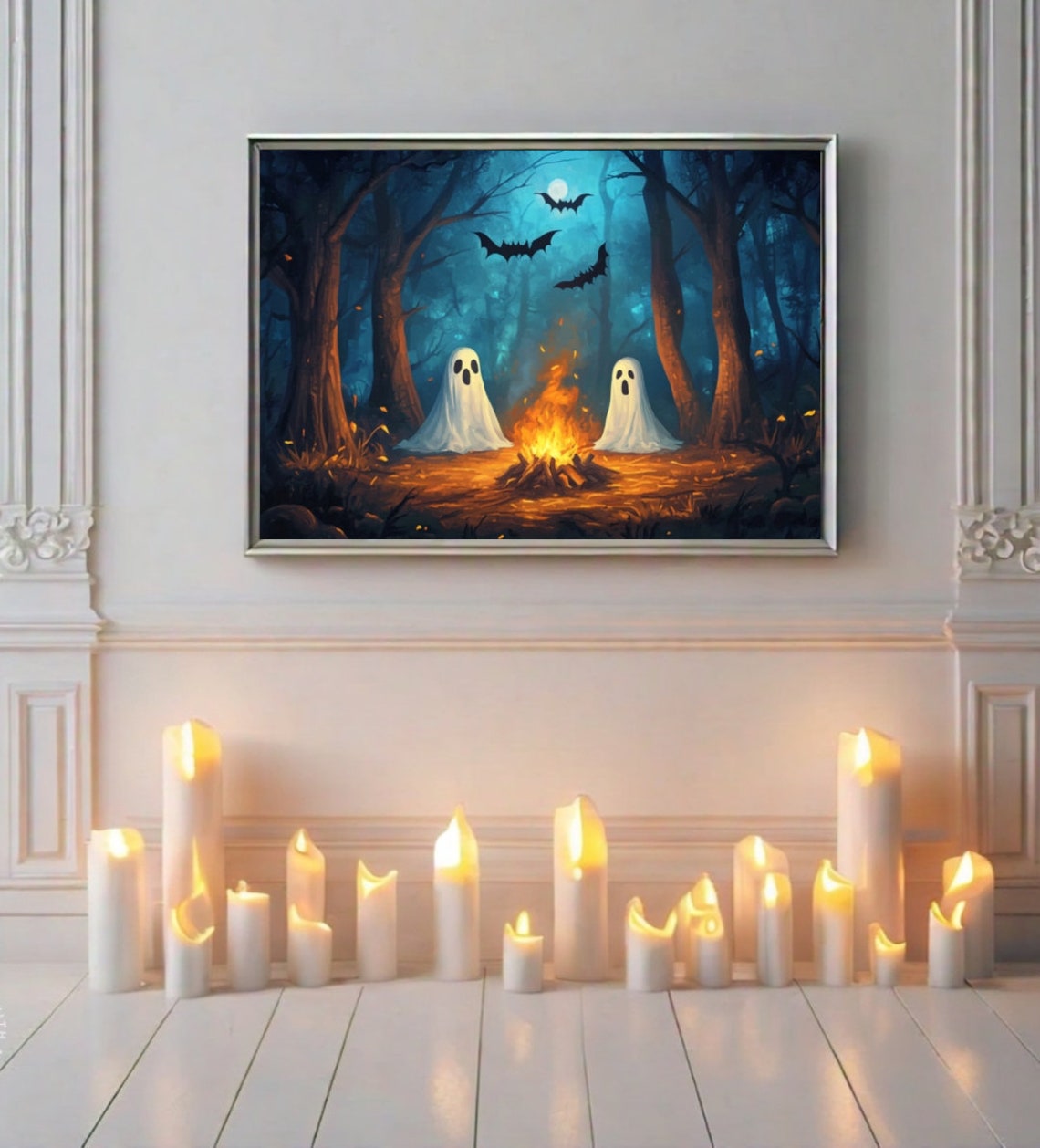 Two Cute Ghosts by Campfire in Moonlit Forest Bats Halloween Poster - Image 2