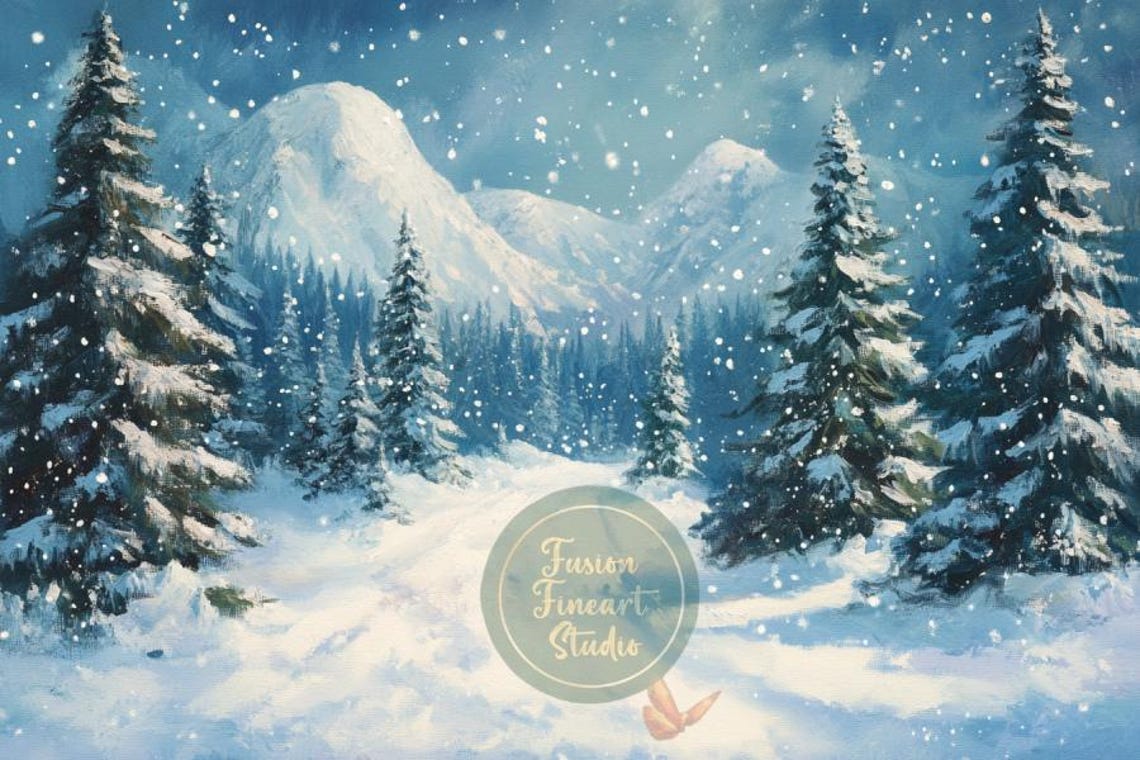 Snowy Pine Trees Mountain Night Falling Snow Winter Scene Poster - Image 3