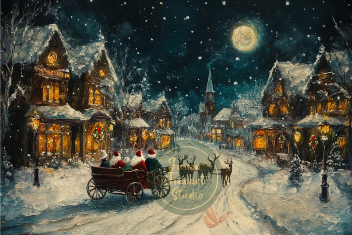 Reindeer Drawn Carriage Ride Down Snowy Main Street Moonlit Poster - Image 3
