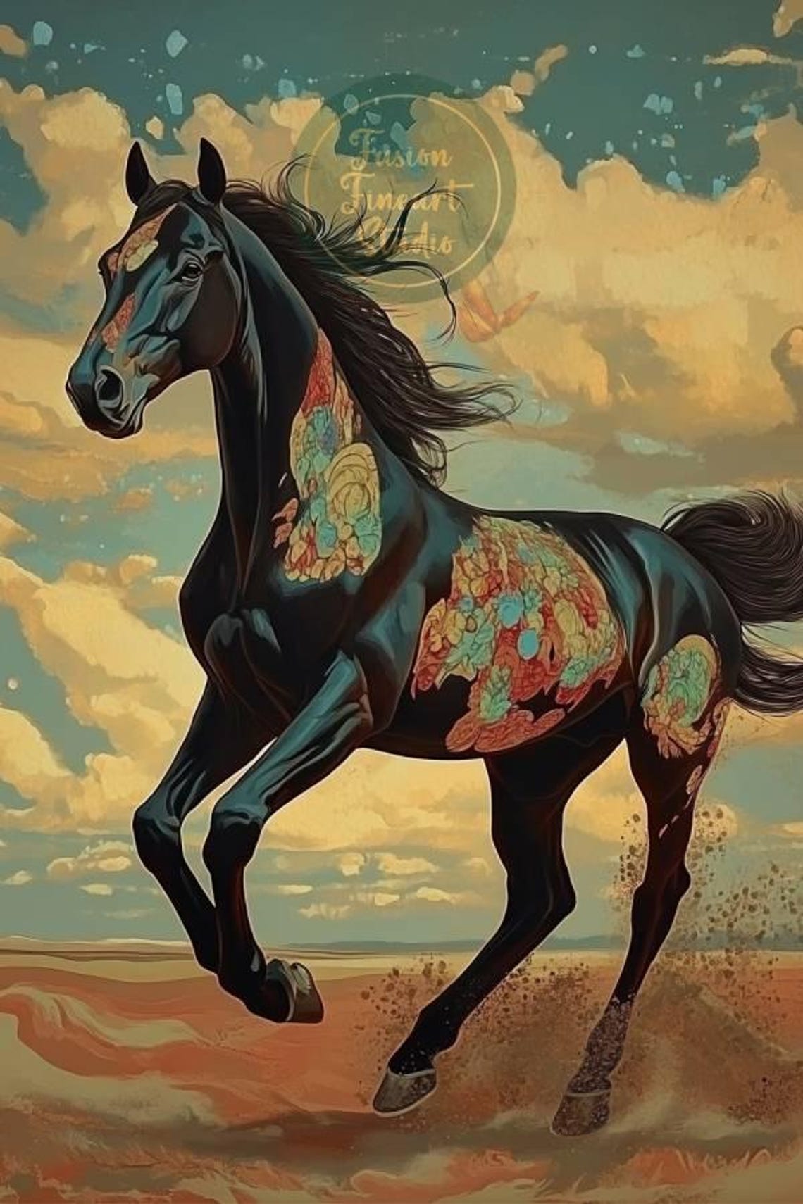 Black Horse Colorful Floral Paint Galloping Desert Clouds Poster - Image 3
